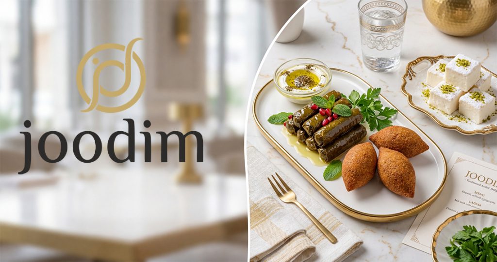 تنسيق فاخر لمقبلات عربية تشمل ورق عنب وكبة مع حلويات لبنية حجازية على طبق ذهبي، تصوير طعام احترافي لعلامة جوديم التجارية.