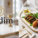 تنسيق فاخر لمقبلات عربية تشمل ورق عنب وكبة مع حلويات لبنية حجازية على طبق ذهبي، تصوير طعام احترافي لعلامة جوديم التجارية.