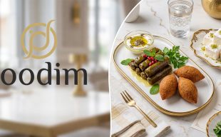 تنسيق فاخر لمقبلات عربية تشمل ورق عنب وكبة مع حلويات لبنية حجازية على طبق ذهبي، تصوير طعام احترافي لعلامة جوديم التجارية.